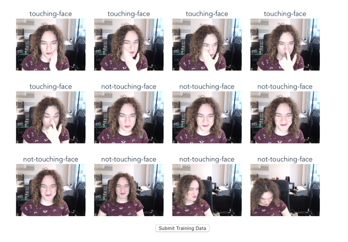 A grid of photos of my face, tagged as 'touching-face' or 'not-touching' face, with a 'submit training data' web form button